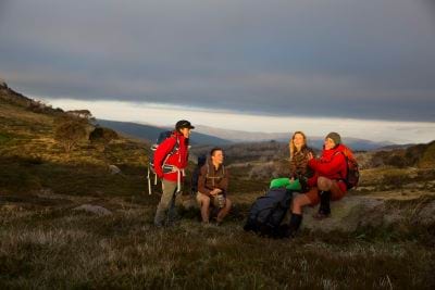 Photo of four hikers resting at a viewpoint in a national park in Victoria